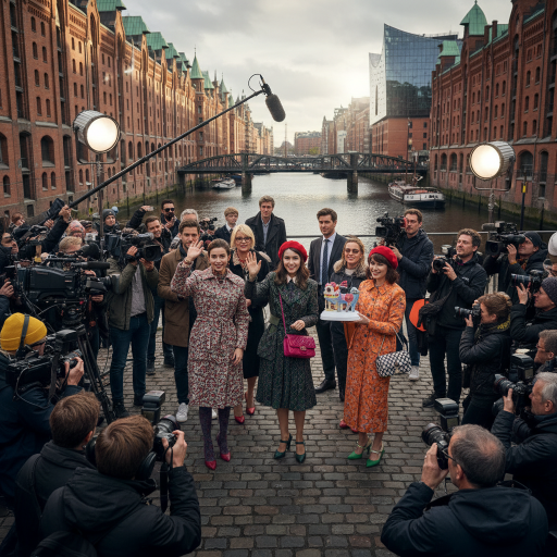 A photorealistic news scene of emily in paris staffel 5 (Hamburg). NO TEXT, NO LETTERS, NO NUMBERS, NO CAPTIONS. Cinematic journalistic lighting.