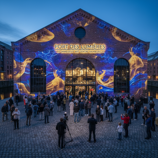 A high-resolution news photo of Port des Lumières - Hamburg's Immersive Art Centre, professional journalism style.