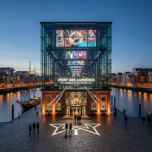 A detailed photograph illustrating: Port des Lumières - Hamburg's Immersive Art Centre.