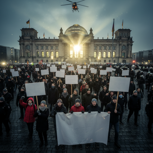 A photorealistic news scene of Protests against German military recruitment plan. NO TEXT, NO LETTERS, NO NUMBERS, NO CAPTIONS. Cinematic journalistic lighting.