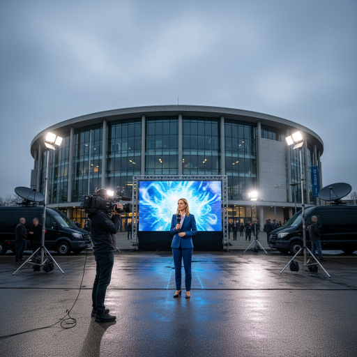 A photorealistic news scene of Sporthalle Hamburg (Hamburg). NO TEXT, NO LETTERS, NO NUMBERS, NO CAPTIONS. Cinematic journalistic lighting.
